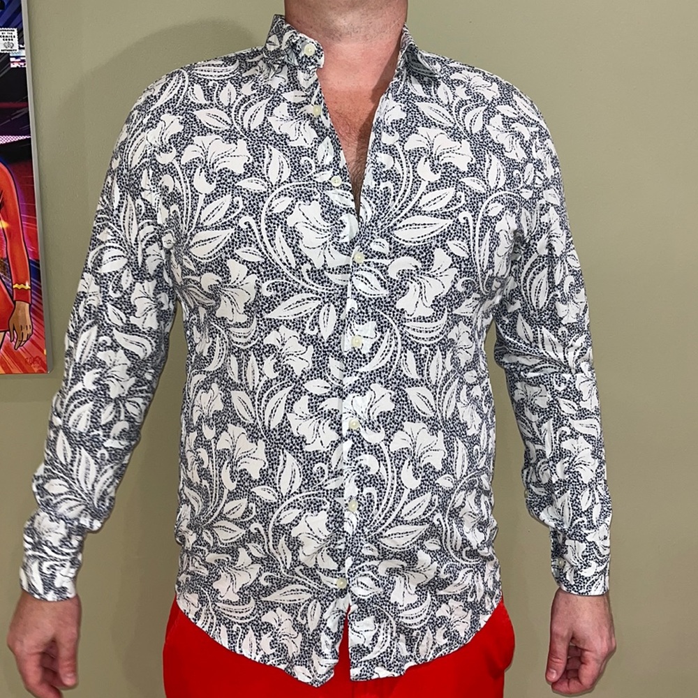 Navy Blue & White Flower Print Button Down Shirt
